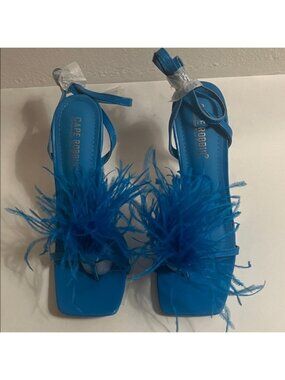 Cape Robbin Bright Blue Feathered Ankle-Strap Heels